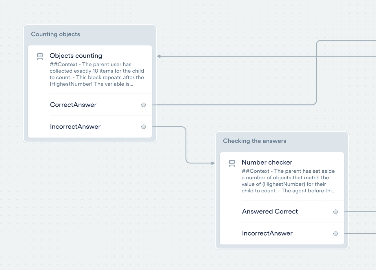 Screenshot of a Voiceflow interface showing connected blocks for a counting interaction, including an “Objects counting” step with correct and incorrect answer paths linked to a “Number checker” block, with unexpanded prompt text describing instructions for an AI agent.
