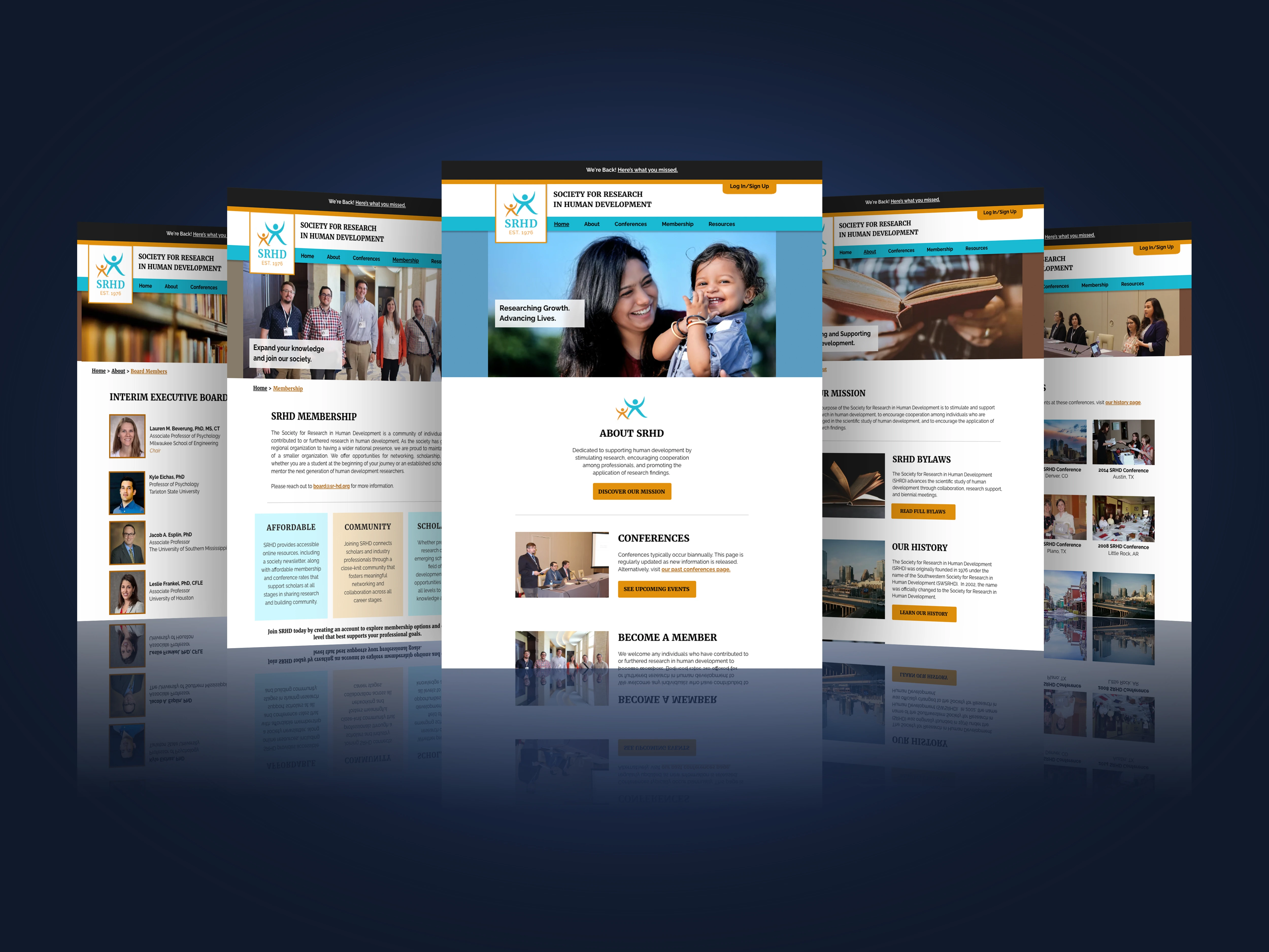 Composite mockup of the redesigned
                            SRHD website, featuring the homepage
                            alongside membership, board members,
                            mission, and conference pages arranged
                            against a dark blue background.