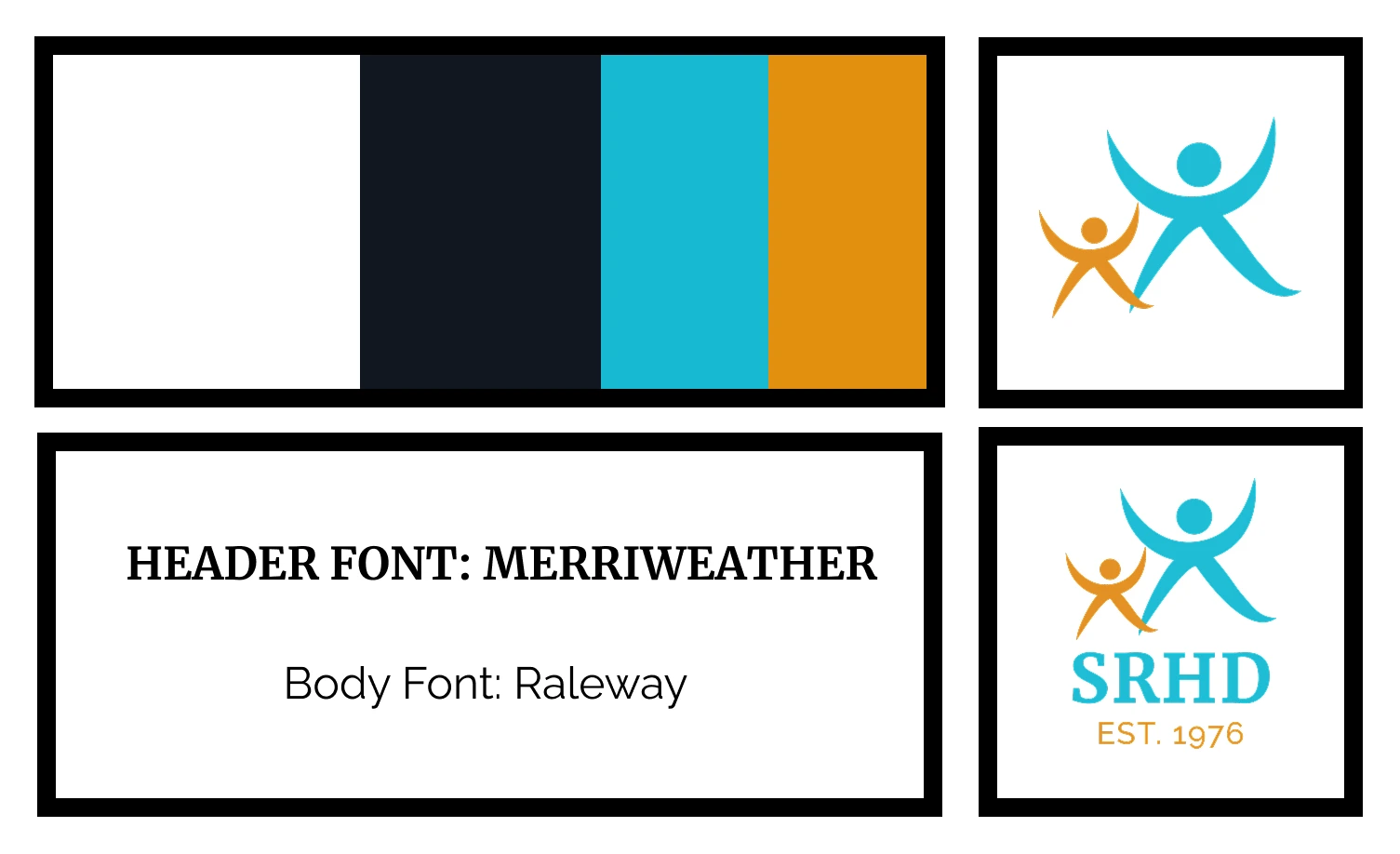 A collection of assets with 4 colors, two logo variations and two typefaces.