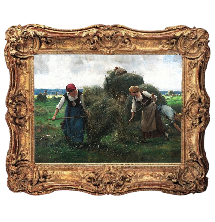 An ornate gold-framed display of a painting of workers harvesting hay in a field.