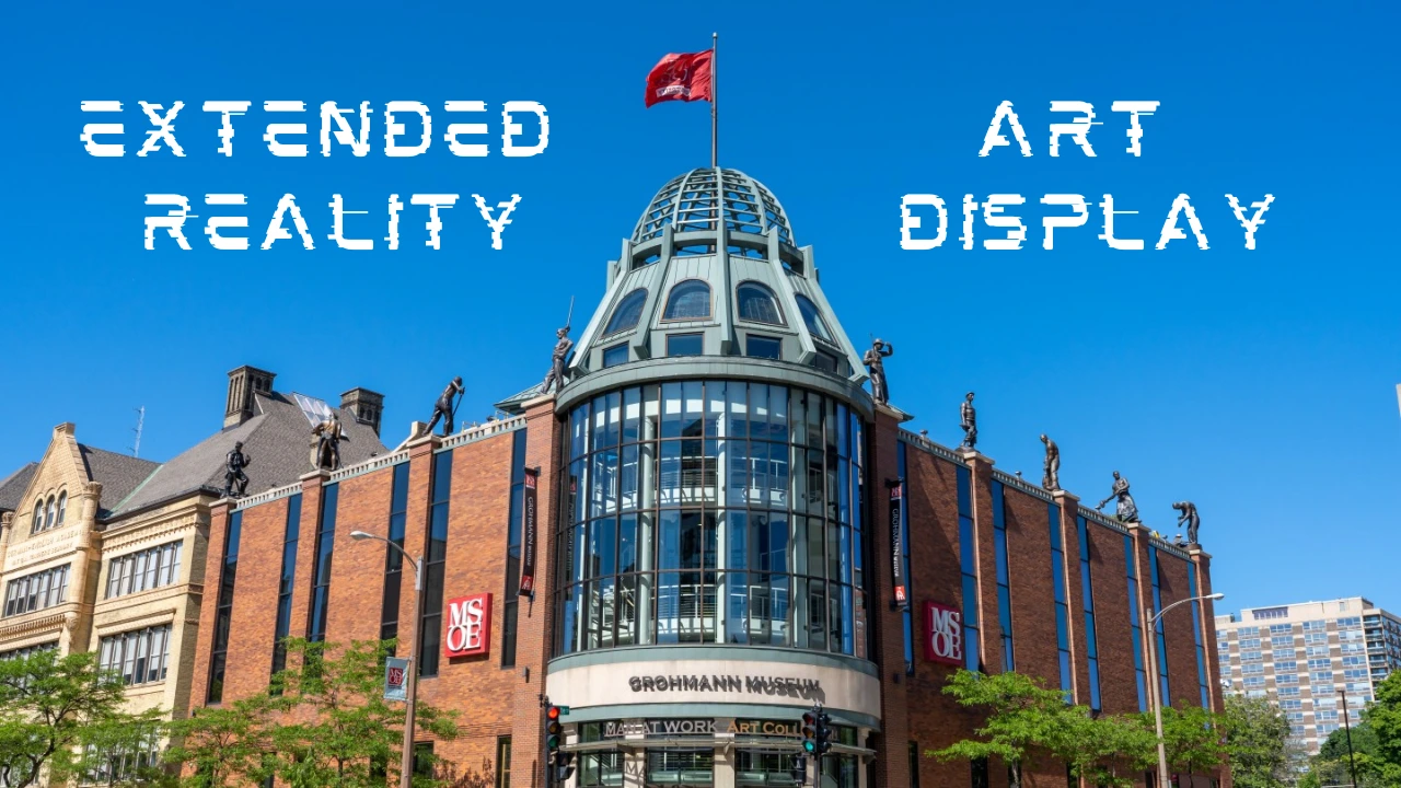 A picture of Grohmann Museum, with the words "Extended reality", and "Art Display" on either side of the Museum's dome.
